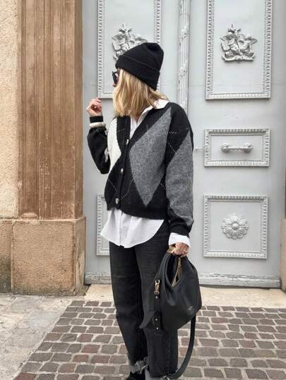 Joy Knit Women's Sweater Autumn/Winter Fashion New Style - All-Match Tops - Simple Casual Fashion Versatile - British V-Neck Argyle Button Contrast Color Loose Knit Cardigan Sweater Jacket - Office Outfits For Women - Going Out Tops - New Year