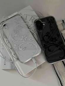 Fashionable New Transparent Retro Autumn/Winter Black & White Floral Pattern Phone Case Compatible With Apple 17 Pro Max/16/15/14/18, Soft Edge Acrylic Clear Minimalist Niche Personalized Ins Vintage Style Shockproof Protective Cover - White - View 1