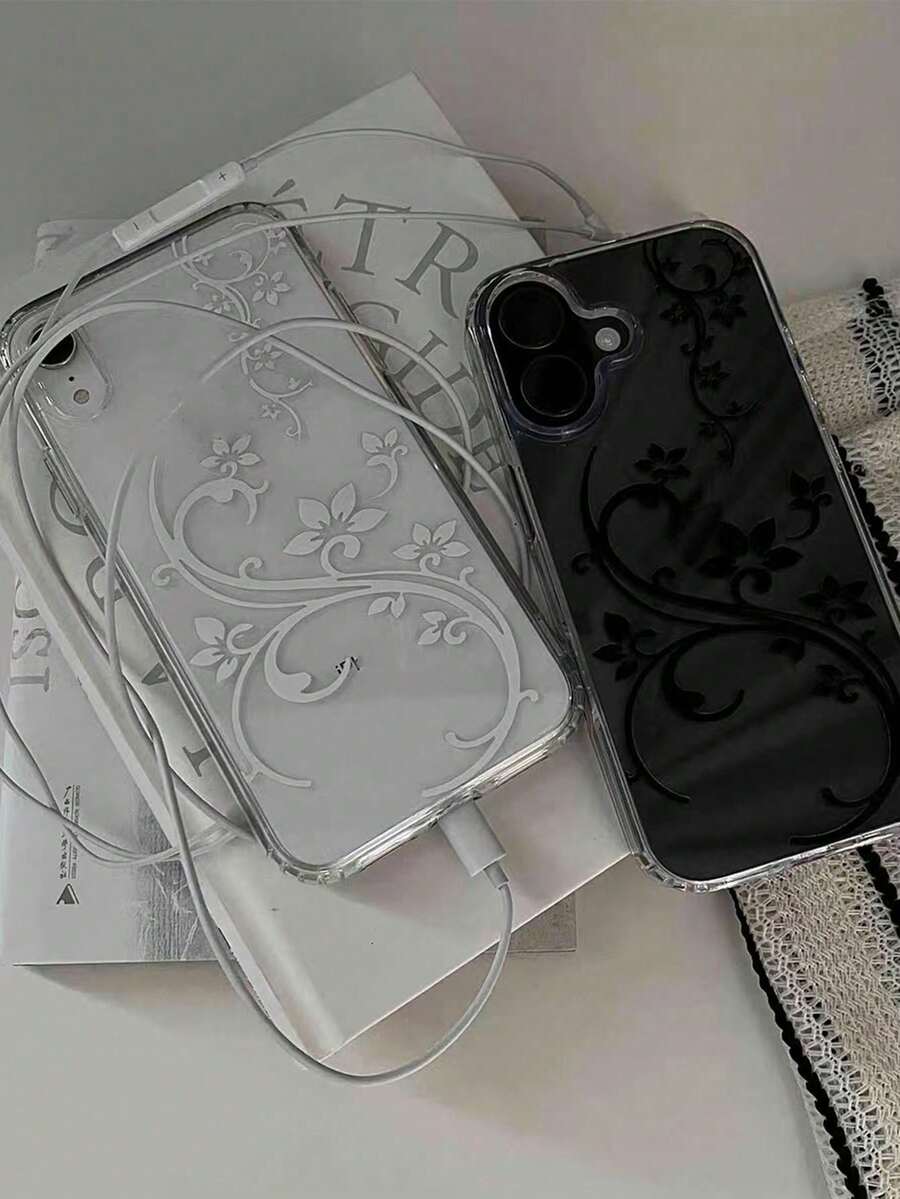 Fashionable New Transparent Retro Autumn/Winter Black & White Floral Pattern Phone Case Compatible With Apple 17 Pro Max/16/15/14/18, Soft Edge Acrylic Clear Minimalist Niche Personalized Ins Vintage Style Shockproof Protective Cover - White - View 1