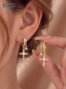 Hihho 2pcs/Set Elegant Atmosphere Gold & Silver Dual-Color Multi-Style Sunflower, Flower, Cross Pendant Rhinestone Hoop Earrings Set For Women, Daily Wear, Holiday Gift, Multi-Piercing Layering Accessory - Multicolor - View 2