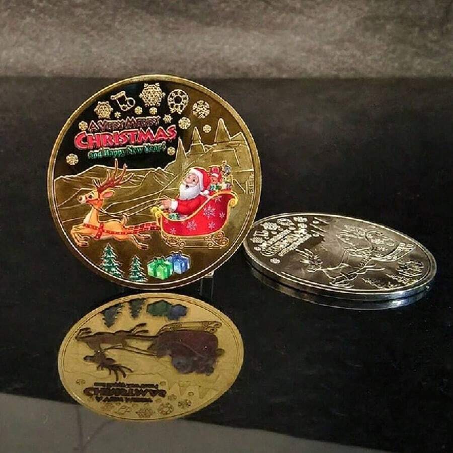 1pc-Santa Claus Commemorative Coin With Reindeer Sleigh Design, Christmas Collectible, Festive Display, Christmas Gifts, Stocking Stuffers