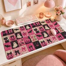 1pc Pink Halloween Patchwork Desk Mat, Cute Ghosts Cats Pumpkins Bats, Large Mousepad, Desk Accessory, Office Gift, Pumpkin And Bat Desk Mat 3 Sizes Available - View 4