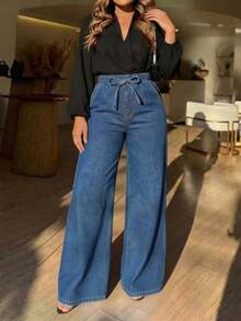 Women's Casual Elegant Lightweight Wide Leg Denim Jeans With Drawstring Waist And Pockets, Long Non-Stretch Boho Style Pants For Fall - Dark Wash - View 3