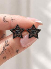 rakol 2pcs Black Five-Pointed Star Cubic Zirconia Decorative Women's Stud Earrings - Black - View 2