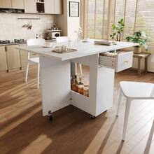 Elegant Dining Table In A Modern Style / Dining Table With Open Storage / Mobile Kitchen Worktop / With 2 Drawers / With Locking Casters / Tabletop Load Capacity Up To 60 Kg / Suitable For Kitchen, Living Room And Dining Room, White - White + MDF - View 1