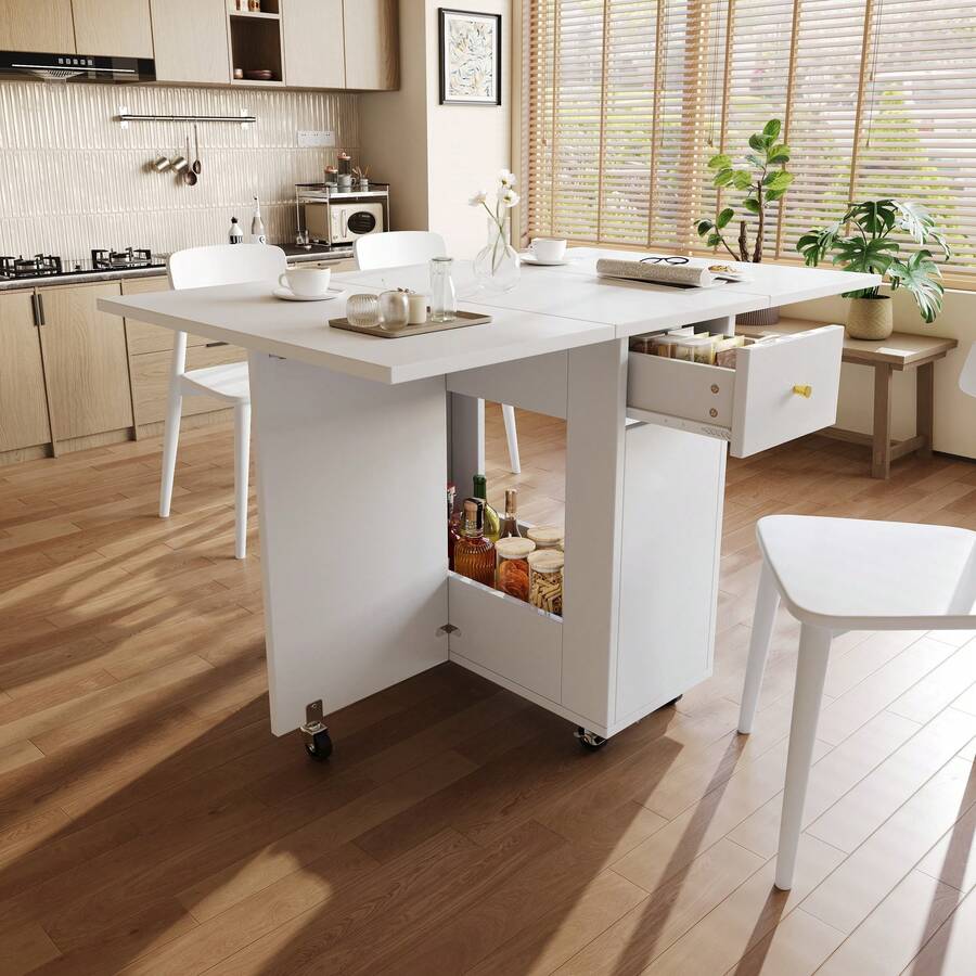 Elegant Dining Table In A Modern Style / Dining Table With Open Storage / Mobile Kitchen Worktop / With 2 Drawers / With Locking Casters / Tabletop Load Capacity Up To 60 Kg / Suitable For Kitchen, Living Room And Dining Room, White - White + MDF - View 1