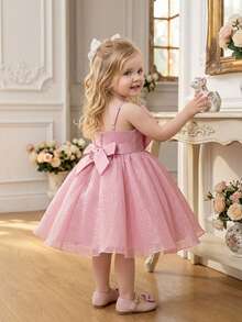 Baby Girls Spaghetti Strap Ruched Bow Starry Tulle Cute Birthday Princess Dress, Suitable For Party, Wedding Flower Girl, Vacation, Without Headband - Dusty Pink - View 6