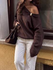 Women's Casual Cute Elegant French Style Gold Button Open Shoulder Long Sleeve Knit Sweater Pullover, Basic Autumn/Winter Outfit Wear - Brown - View 3