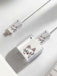 Cute White Cat Tongue Transparent Charger & Cable Protector Set – Compatible With Apple 20W Fast Charger & Data Cable – Drop-Resistant Shell - Multicolor - View 1