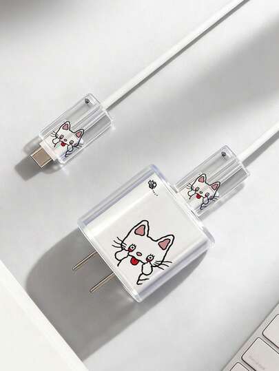 Cute White Cat Tongue Transparent Charger & Cable Protector Set – Compatible With Apple 20W Fast Charger & Data Cable – Drop-Resistant Shell