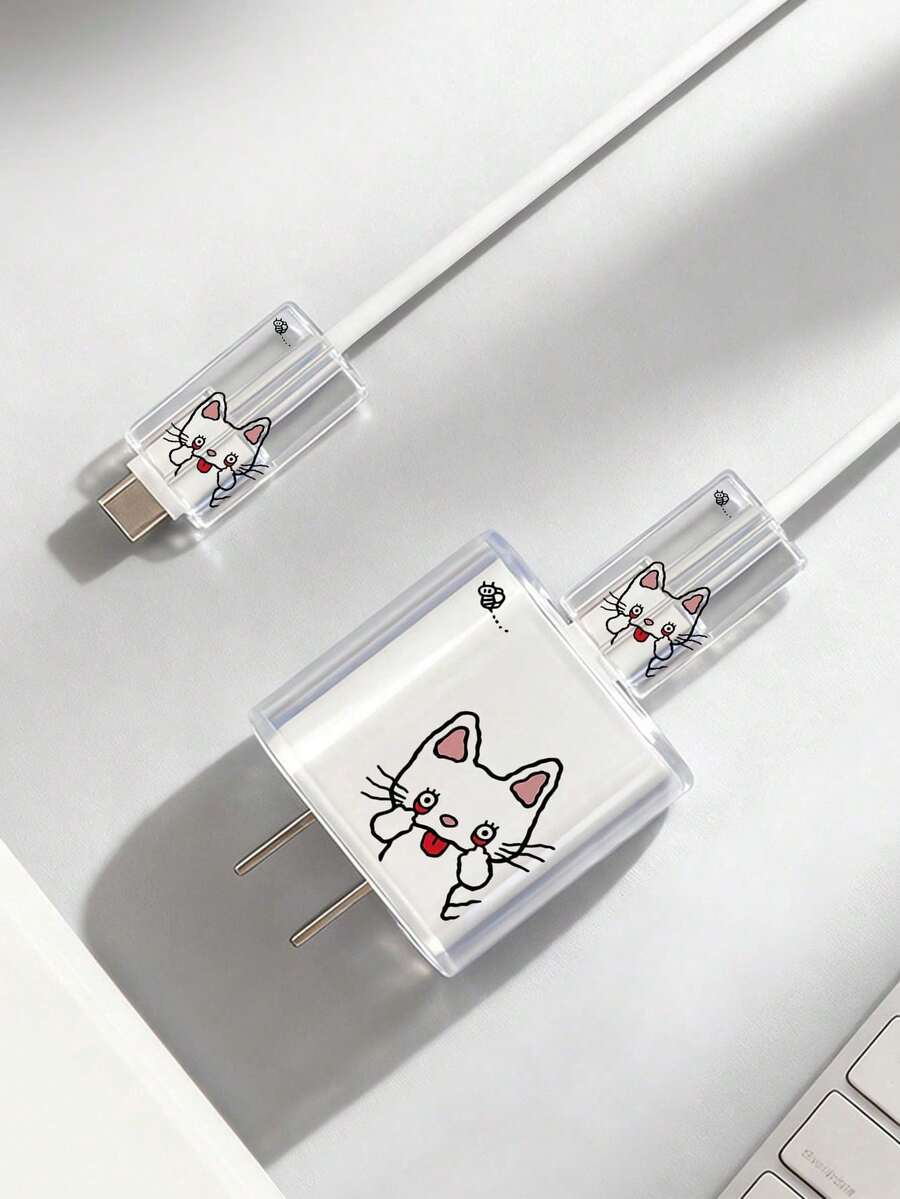 Cute White Cat Tongue Transparent Charger & Cable Protector Set – Compatible With Apple 20W Fast Charger & Data Cable – Drop-Resistant Shell - Multicolor - View 1