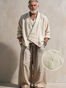 GOLDREDY New Chinese Style Men's Pure Cotton Diagonal Collar Cardigan With Frog Buttons, V-Neck Long Sleeve Top And Loose Wide Leg Pants, Zen Inspired 2 Pieces Set - Apricot - View 2