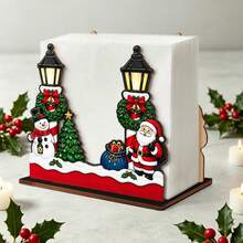 1pc Vintage Street Lamp Santa Claus Snowman Wooden Napkin Holder, Wreath Bell Mini Christmas Tree Design Desktop Tissue Box, Christmas Holiday Decoration Napkin Rack, Suitable For Kitchen Dining Room Party, Holiday Desktop Tissue Organizer - Multicolor - View 6