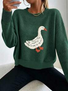 Women's Plus Size Sweater, Cute Goose Pattern, Loose Knit Pullover - Dark Forest Green - View 2