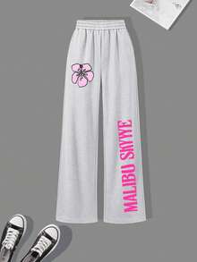 Girls' Fresh Pastoral Style Letter & Floral Print Hoodie Sweatshirt With Personalized Print Loose Wide Leg Pants, 2-Piece Set For Autumn/Winter - Light Grey - View 6