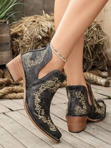 Vintage Solid Color Pointed Toe Vine Embroidered Western Ankle Boots, Fashionable Versatile Distressed Chunky Heel Side V-Cut Ankle Boots - Black - View 5