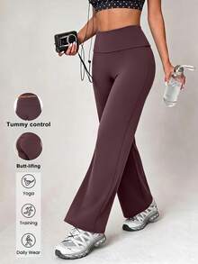 Aoqta Sports Women's Fall Casual Knitted Straight Leg Pants, Solid Color Folded Wide Waist Loose Sports Pants, For Yoga, Fitness And Daily Wear - Brown - View 8