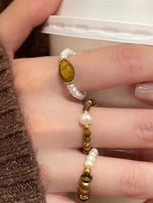 4pcs Women's Artificial Stone & Faux Pearl Beaded Ring Set, Golden Color Accents, Stretch Stackable Rings For Autumn Winter - Brown - View 4