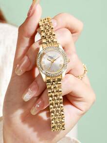 Women's Luxury Rhinestone Roman Numeral Dial Quartz Watch, Elegant Alloy Strap Wristwatch, Gift For Girlfriend (1pc/Set) Watch Box Not Included - Gold - View 5