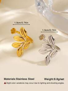 2pcs/Set Stainless Steel 18K Gold Plated Minimalist Leaf Ring Set Suitable For Women's Daily Wear And Shopping - Multicolor - View 2
