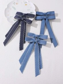 2pcs/6pcs Girls Denim Fabric Bow Hair Clips, Wavy Edge Long Ribbon Alligator Hair Clips, Gentle Atmosphere Side Hair Clips Hair Accessories - Multicolor - View 1