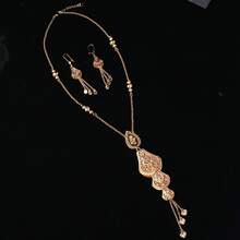 1 Set 3pcs Elegant Vintage Teardrop Laser Rose Hollow Filigree Tassel 18K Gold Plated Champagne Color Necklace & Earrings Jewelry Set, Suitable For Bride Wedding Evening Party Dress Engagement High-End Jewelry, Gorgeous Women's Wedding Wear + Gift Choice - Champagne - View 5