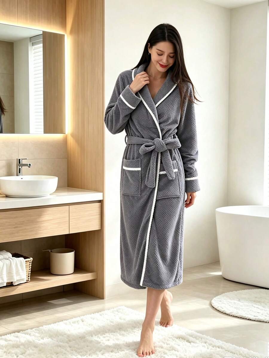 1件女款鑲邊長版菠蘿華夫格柔軟舒適浴袍家居服晨袍 浴室、酒店、美容院、泳池個人使用禮物 - 灰色 - 查看 1