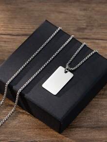 Minimalist Business Style Stainless Steel Necklace, Smooth Blank Rectangle Tag Pendant For Men, Daily Wear & Birthday Gift Jewelry - Silver - View 3