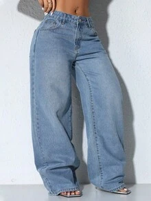 Low Waist Wide Leg Casual Blue Slanted Pocket Curved Women'S Jeans Fall Clothes - Dusty Blue - View 6