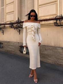 Elegant Women's White Knit Off-Shoulder Long Sleeve Midi Dress With Asymmetric Ruffle Design, Perfect For Parties - Apricot - View 4