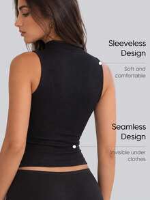 Women's Black Round Neck Slim Fit Seamless Elastic Ribbed Tank Top, Autumn Outfit - Black - View 4