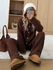 Women's Fall Winter 2 Piecesa Stylish Brown Soft Knitted Cardigan Paired With Wide-Leg Knit Pants, Perfect For Everyday Wear And Commuting. - Brown - View 2