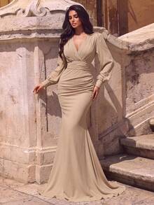 Women's Solid Color Pleated Elegant Waist-Cinching Evening Dress - Champagne - View 7