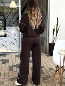 LUNNELUX Women Fall 2 Pieces Contrast Piping Women Zip Front Stand Collar Sweatshirt & Elastic Waist Wide Leg Pants With Side Pockets Daily Outfit - Purple - View 4