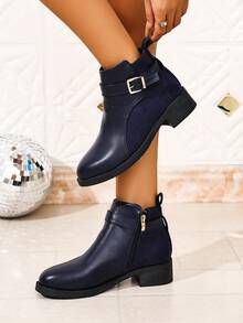 Women's Autumn/Winter Solid Color Dual-Panel Fabric + Metal Buckle Side Zipper Design, Suitable For Daily Commute And Gatherings, Pairs Elegantly With Coats + Skirts, Versatile For Multiple Styles, Comfortable Flat Sole, Suitable For Long-Term Wear, Breathable Fabric Lining, Easy-To-Clean Upper, Fashionable British Autumn Ankle Boots - Navy Blue - View 3