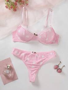1 Set Sweet Sexy Neckline Contrast Lace Trim Underwire Bra And Thong Panty Lingerie Set For Women - Multicolor - View 1