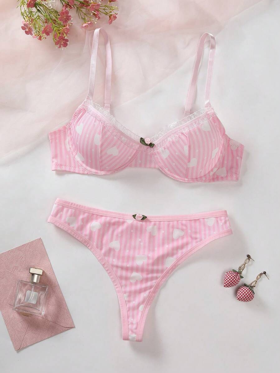 1 Set Sweet Sexy Neckline Contrast Lace Trim Underwire Bra And Thong Panty Lingerie Set For Women - Multicolor - View 1