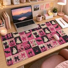 1pc Pink Halloween Patchwork Desk Mat, Cute Ghosts Cats Pumpkins Bats, Large Mousepad, Desk Accessory, Office Gift, Pumpkin And Bat Desk Mat 3 Sizes Available - View 3