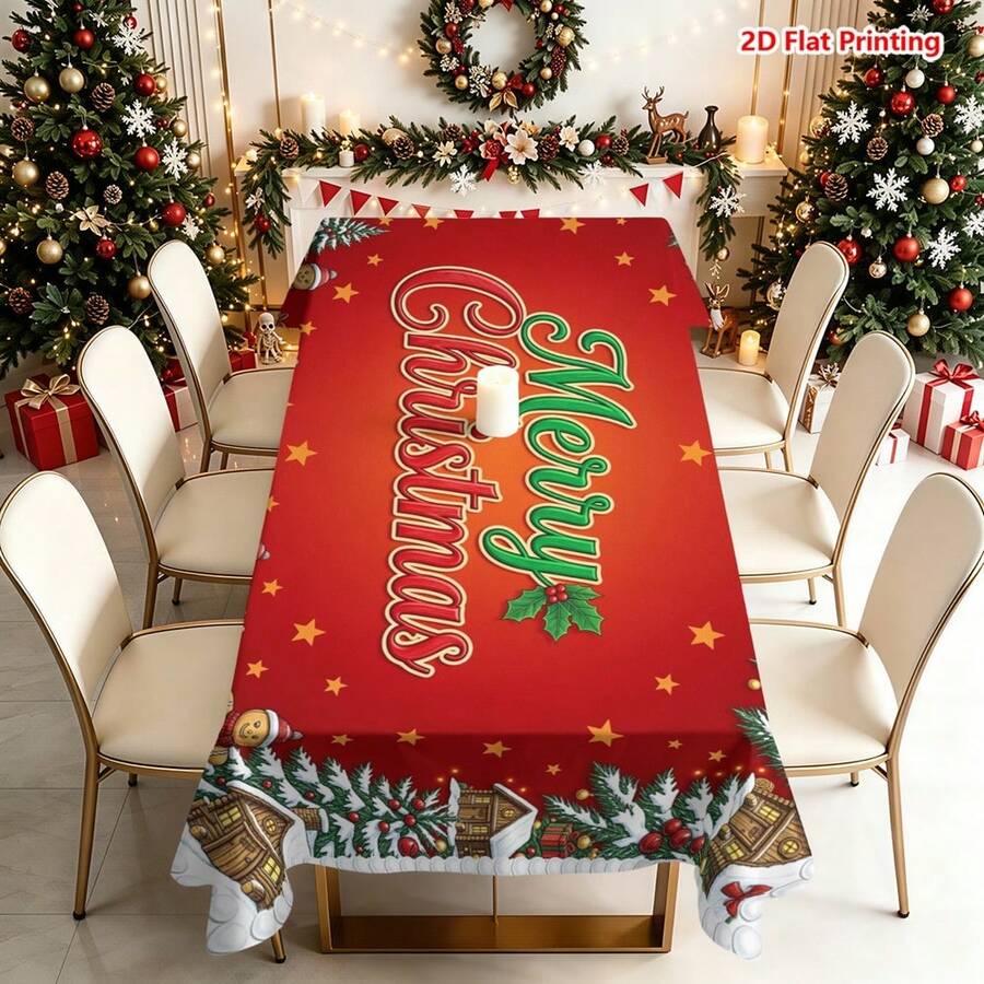 1件紅色背景聖誕主題桌布,裝飾有薑餅人、雪屋、松樹、鈴鐺、星星和「Merry Christmas」藝術文字,適用於廚房餐桌布置、餐廳裝飾、野餐露營、派對場景、農舍風點綴、桌面美化與節日氣氛營造 - 彩色 - 查看 1