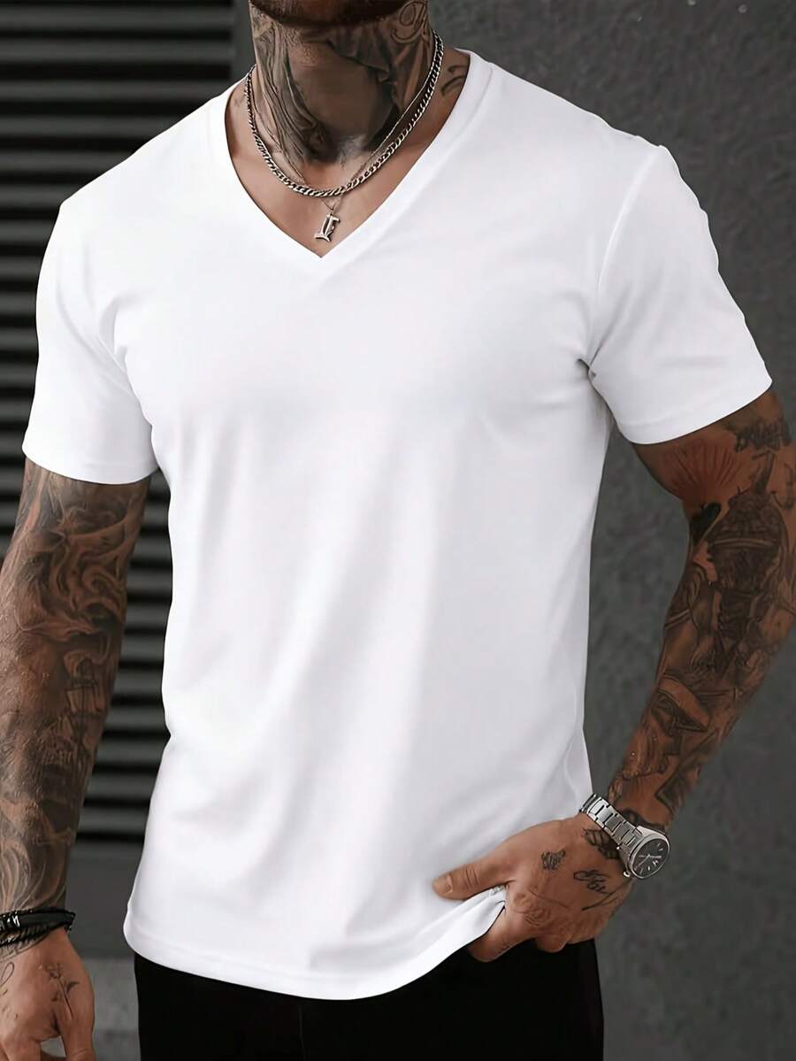 Men's Summer Fashion Versatile V-Neck Casual Short Sleeve T-Shirt - White - View 1