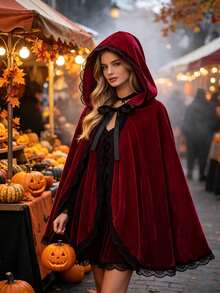 1pc Halloween Women's Shawl, Little Red Riding Hood Lace Patchwork Hooded Cape, Carnival Christmas Party, Holiday Performance Prop - Multicolor - View 2