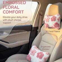 1pc 3D Flower Plush Car Headrest, Cute Girly Style Car Interior Decor Pillow, Travel Relaxation Neck Support Pillow, Soft And Comfortable Car Headrest - A - View 4
