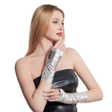 1 Pair PU Women's Long Arm Fingerless Gloves, Shiny Long Sleeve Covers For Party - Silver - View 5