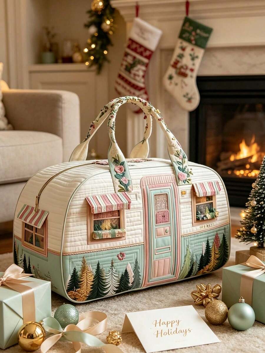 Vintage RV Pattern Print Travel Tote Bag, Fresh RV Forest Flat Print ...