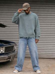 BLACKTOEXIT Men's Crew Neck Dropped Shoulder Retro High Street Frayed Hem Casual Sweater, Autumn/Winter - Grey - View 5
