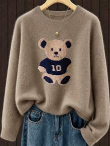 Women's New Round Neck Long Sleeve Sweater, Cute Bear Print, Fashion Casual Knit Style, Suitable For Daily Commute - Earth Gray - View 1