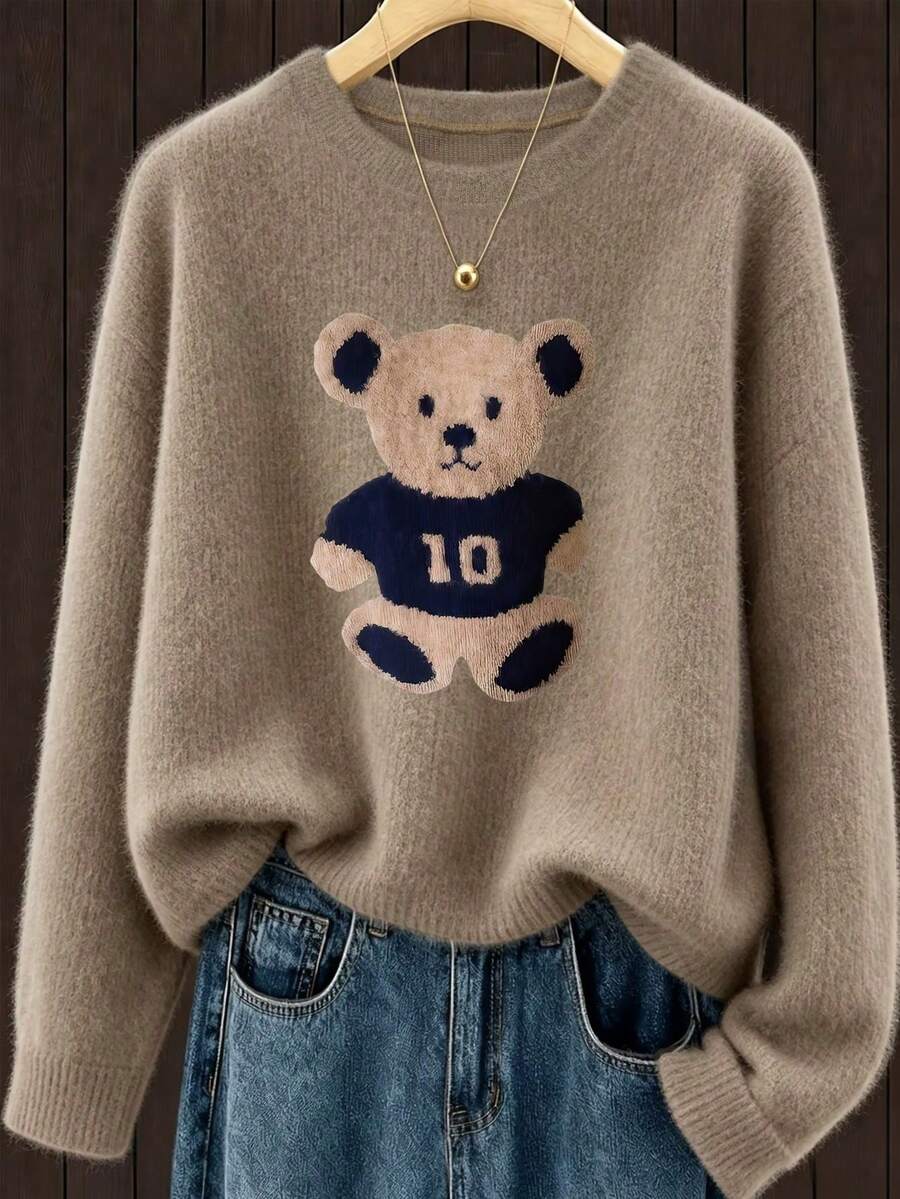 Women's New Round Neck Long Sleeve Sweater, Cute Bear Print, Fashion Casual Knit Style, Suitable For Daily Commute - Earth Gray - View 1