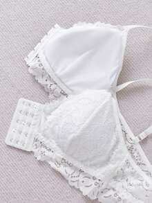 Women's Solid Color Lace Splicing Strap Front Closure Bra. - White - View 11