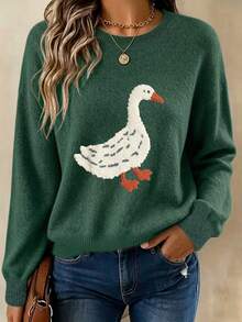 Women's Plus Size Sweater, Cute Goose Pattern, Loose Knit Pullover - Dark Forest Green - View 4