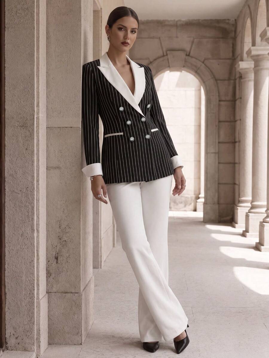 Spring/Autumn Urban Elegant Women's Striped Colorblock Patchwork Long Sleeve Jacket With Pockets And Lining And Solid Color Long Pants Casual Daily Suit Set, Suitable For Work Commute, Office, Party, Daily, Holiday, Multiple Occasions